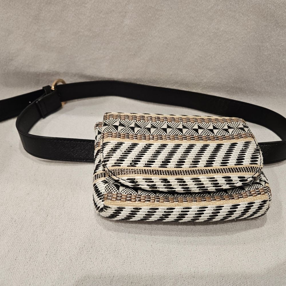 Geometric Belt Purse Waist Stylish Black White Pattern Zip Buckle Adjustable